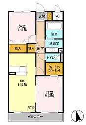 ジュールフェリエ 3階2DKの間取り