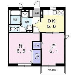 サンパティークおかもと A 2階2DKの間取り