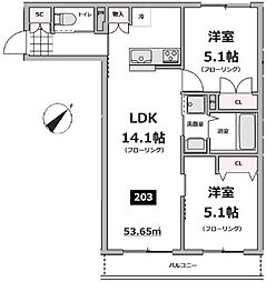 都営新宿線 船堀駅 徒歩10分の賃貸マンション 3階2LDKの間取り