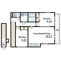 都営新宿線 船堀駅 徒歩21分の賃貸アパート 2階2LDKの間取り
