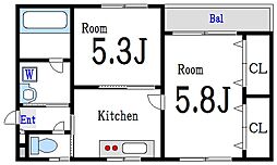 ハイム皆川 2Kの間取図画像