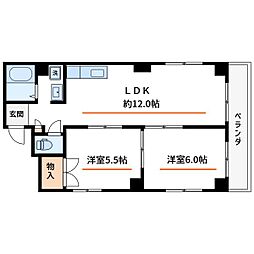 不動前佐久間ハイツ 2階2LDKの間取り