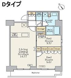 都営大江戸線 門前仲町駅 徒歩7分の賃貸マンション 14階2LDKの間取り