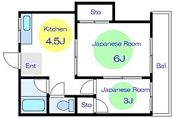 イシイハウス3 1階2Kの間取り