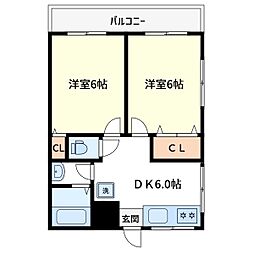 日暮里舎人ライナー 西新井大師西駅 徒歩23分の賃貸マンション 2階2DKの間取り