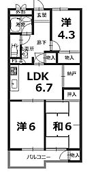 明石ハウス2号棟 3DKの間取図画像