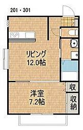 アヴァンセ八幡 2階1LDKの間取り