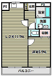 山本レンターマンション 2階1LDKの間取り