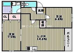 グラツィア堺 2階2LDKの間取り