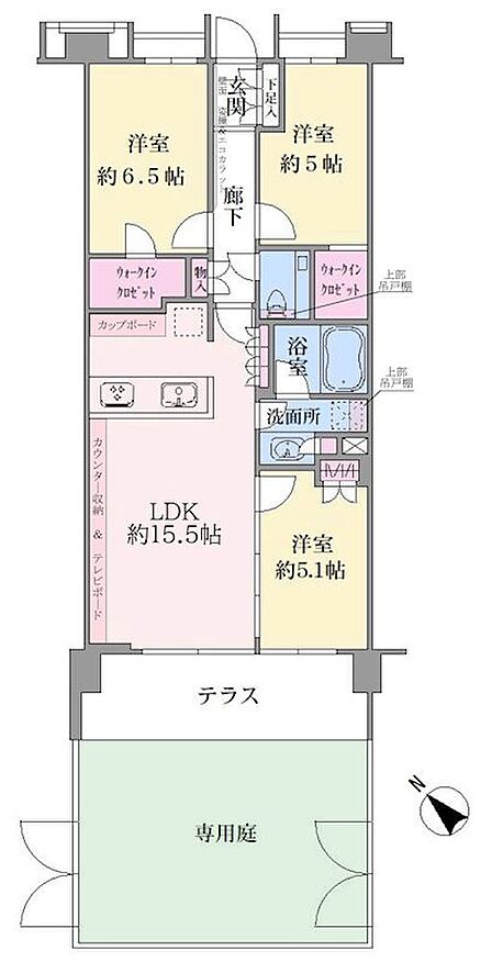 広々とした専用庭付き/2つのWIC等収納豊富な3LDK住戸