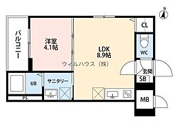 アビタシオン北野田 1LDKの間取図画像