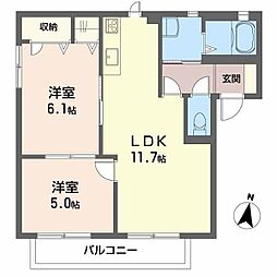 バリュージュミヤビA棟 2LDKの間取図画像