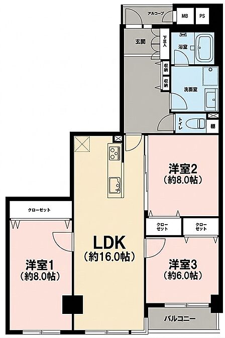 ゆとりの16.0帖LDKを中心とした3LDKプラン。各洋室に収納があり、すっきり暮らせます。プライベート感のある玄関アルコーブも魅力。