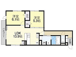 Osaka Metro今里筋線 瑞光四丁目駅 徒歩10分の賃貸アパート 3階2LDKの間取り