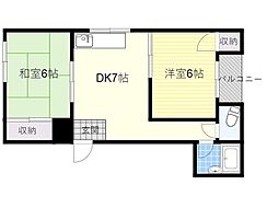 シャンクレール石橋 2DKの間取図画像