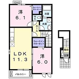 ラルジュグリーンＦ 2階2LDKの間取り