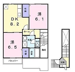 エスポワールB 2階2DKの間取り