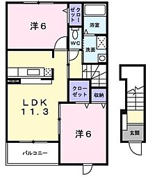 プラシード・ユダ 2階2LDKの間取り