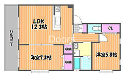JR津山線 法界院駅 徒歩11分の賃貸マンション 3階2LDKの間取り