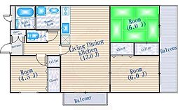 ツインフィールド壱番館 3LDKの間取図画像
