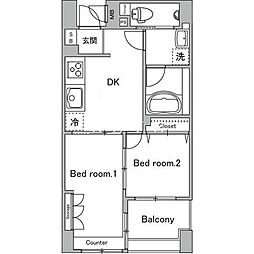 東京メトロ日比谷線 八丁堀駅 徒歩2分の賃貸マンション 7階2DKの間取り