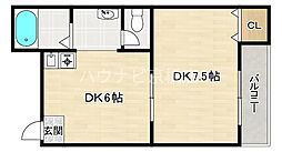 Osaka Metro谷町線 千林大宮駅 徒歩9分の賃貸マンション 2階1DKの間取り