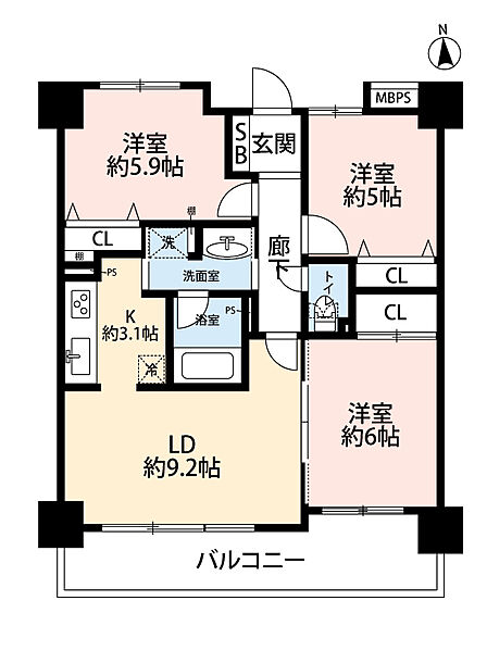 部屋数が豊富な3LDK♪子ども部屋やテレワークスペース、趣味の部屋など、ライフスタイルに合わせて柔軟に活用可能です。