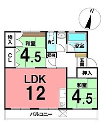 大岡団地N15棟 2LDKの間取図画像