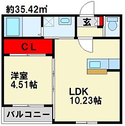 エクスヴィータ新入 1階1LDKの間取り