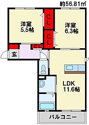 三洋タウン木屋瀬 2LDKの間取図画像