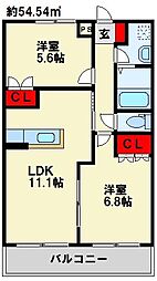 ヒルズ宮ノ下B 2LDKの間取図画像
