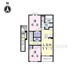 近鉄橿原線 田原本駅 徒歩20分の賃貸アパート 2階2LDKの間取り