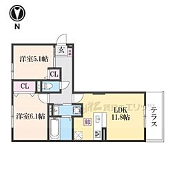 カーサ王寺 1階2LDKの間取り