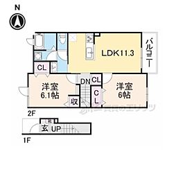 ヴァンセット　アムールI 2階2LDKの間取り