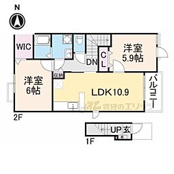 JR桜井線 三輪駅 徒歩13分の賃貸アパート 2階2LDKの間取り