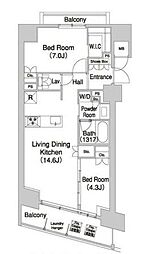 JR山手線 田町駅 徒歩12分の賃貸マンション 10階2LDKの間取り