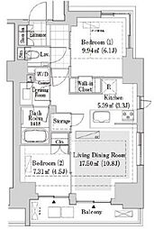 JR総武線 水道橋駅 徒歩6分の賃貸マンション 11階2LDKの間取り