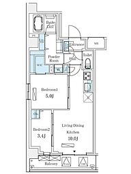 都営大江戸線 勝どき駅 徒歩9分の賃貸マンション 2階2LDKの間取り