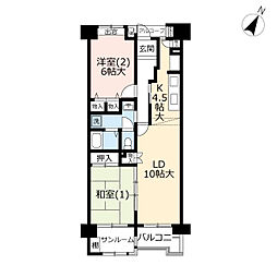 UR都市機構ビューコート仏向1-1号棟 2LDKの間取図画像
