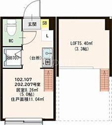 ハーモニーテラス大井II 1階ワンルームの間取り