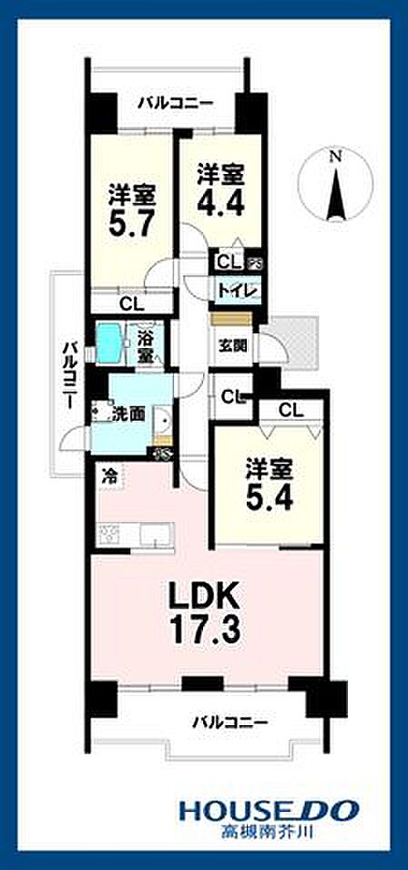 角部屋につき3面にバルコニー設置の間取りとなっております。また、洗面室から直接バルコニーにアクセスできるようになっており、家事動線にも考慮されています。全居室収納+廊下のCLもうれしいポイントです♪