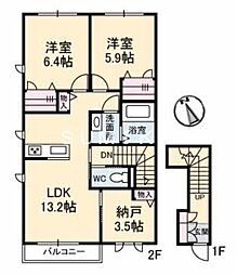 JR宇野線 大元駅 徒歩33分の賃貸アパート 2階2SLDKの間取り