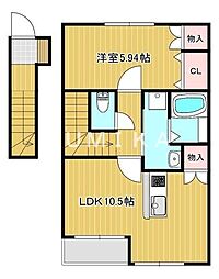 JR宇野線 大元駅 徒歩29分の賃貸アパート 2階1LDKの間取り