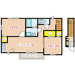 アンソレイエI 2階2LDKの間取り
