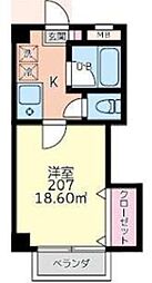 シャルマン南越谷 2階1Kの間取り