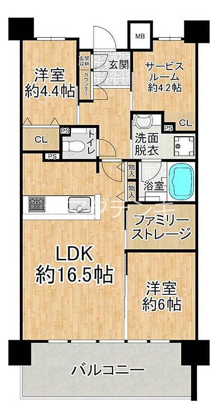 約16.5帖の広々LDKが魅力。ファミリーストレージや各洋室のCLなど、収納スペースも充実。暮らしを快適にする間取りです。