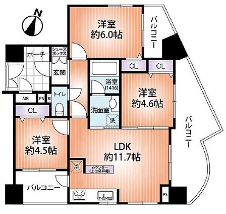 東南角部屋 3LDK 明るいです