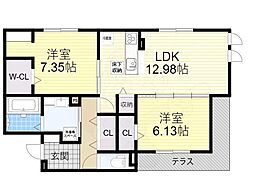 JR関西本線 久宝寺駅 徒歩4分の賃貸アパート 1階2LDKの間取り
