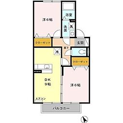 フリージアＭ 2階2DKの間取り