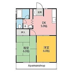 亀井ハイツ 2階2DKの間取り